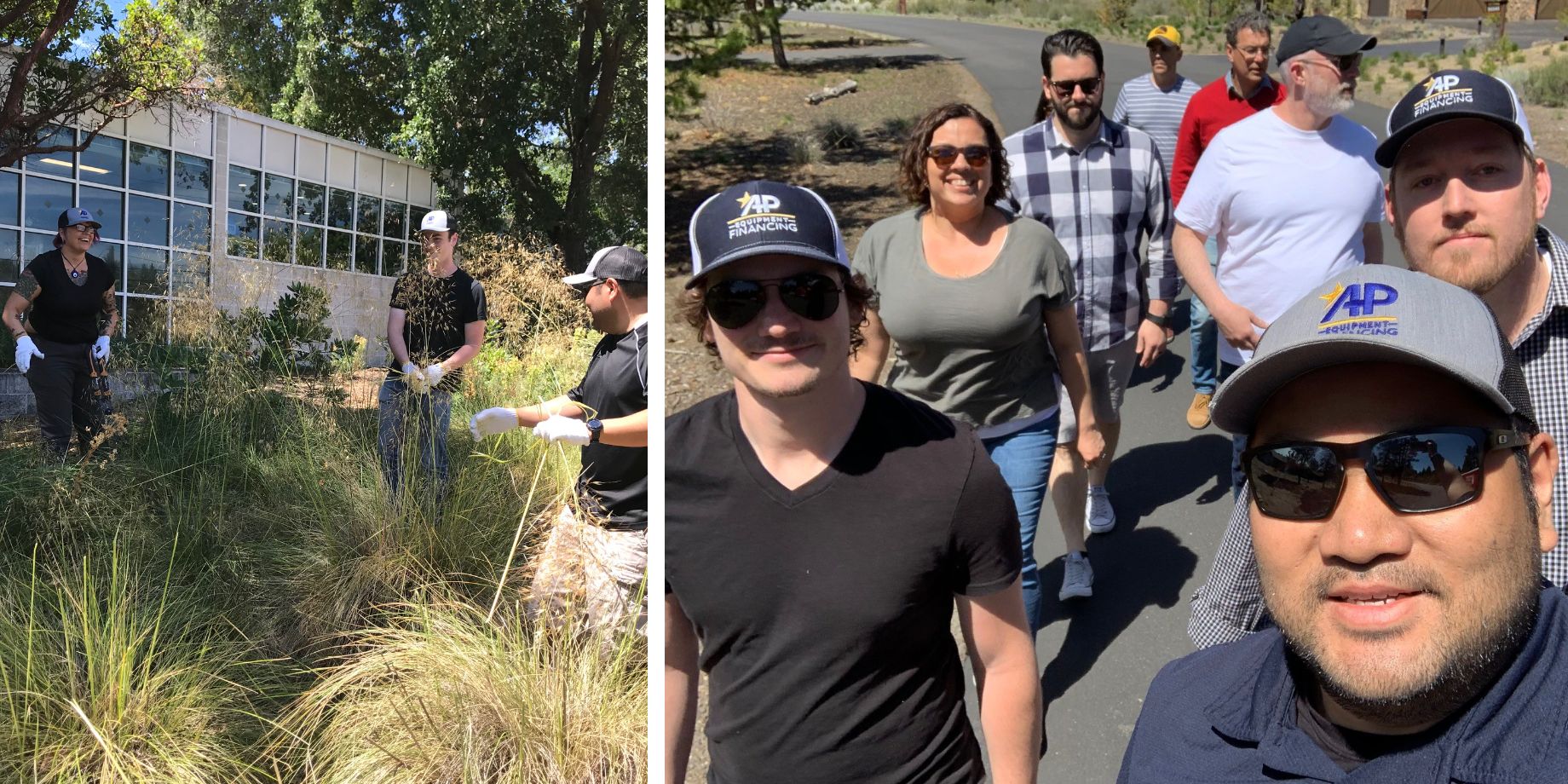 Left: Volunteer event in 2019 cleaning up weeds at a local non-profit wildlife museum.Right:  At a senior planning meeting in 2019. In API teams conduct meetings while going on a small walk and enjoy the outdoors.
